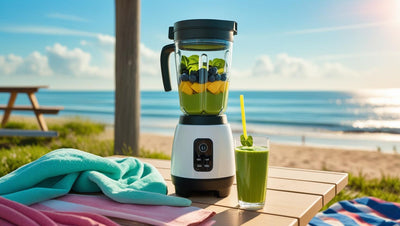 Blender with fruit beside yoga mat