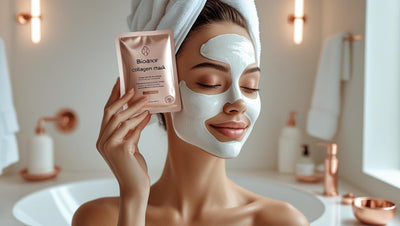 Woman applying collagen face mask