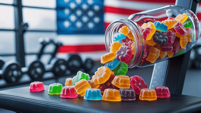 Creatine gummies bottle with gym equipment
