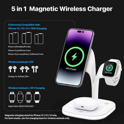 5-in-1 Magnetic Charging Station for MagSafe iPhone 15/14/13/12 Series, Fast Wireless Charger for Apple Watch 9/8/7/6/5/4/3/2 Ultra and Airpods Pro 3/2, Black