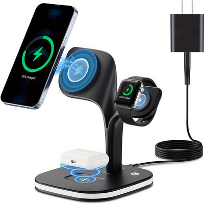 5-in-1 Magnetic Charging Station for MagSafe iPhone 15/14/13/12 Series, Fast Wireless Charger for Apple Watch 9/8/7/6/5/4/3/2 Ultra and Airpods Pro 3/2, Black