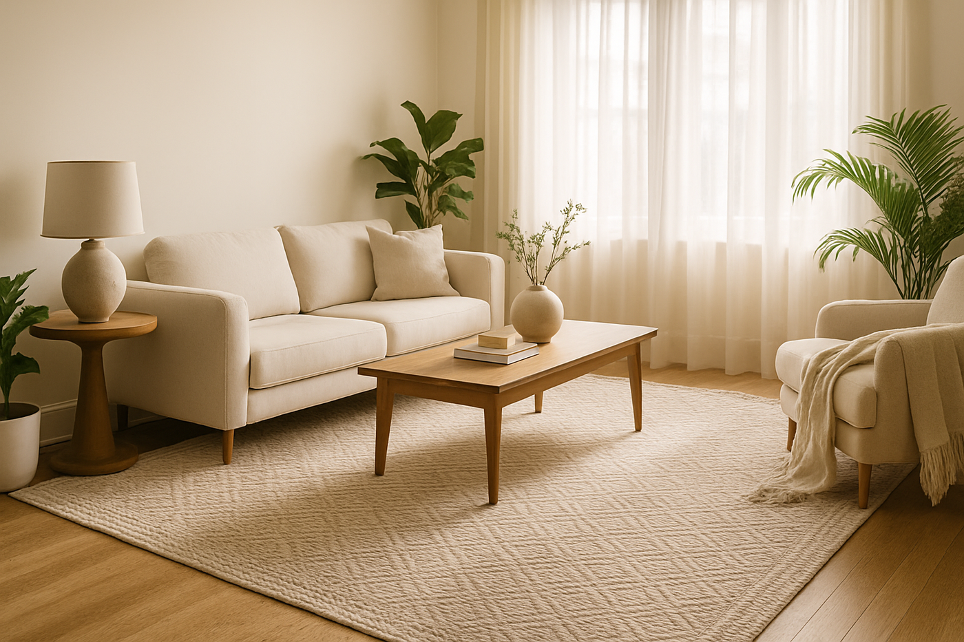 A bright, airy living room in a modern American apartment featuring a soft, premium woven rug as the centerpiece. Styled with neutral colors (cream, taupe, beige), a wooden coffee table, cozy throw blanket, indoor plants, and natural sunlight pouring through sheer curtains. Styled for Pinterest or lifestyle magazine aesthetics. No people, no text, no logo.