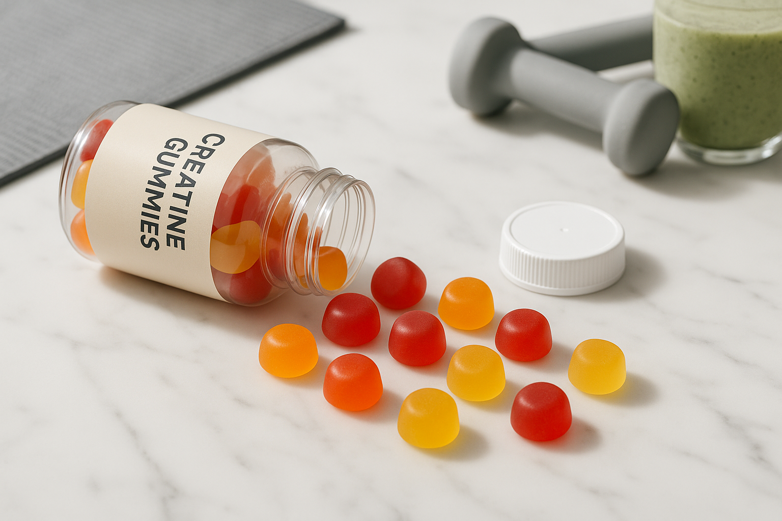 A bright, clean flat lay of a bottle of Creatine Gummies opened with colorful gummies scattered on a marble or wooden surface. Soft natural lighting, minimalist background, subtle USA health and fitness lifestyle elements (like a yoga mat, dumbbells, smoothie glass in background blur). High-resolution, aesthetic, modern composition. No text, no branding, no watermark. Suitable for both desktop and mobile hero banner.
