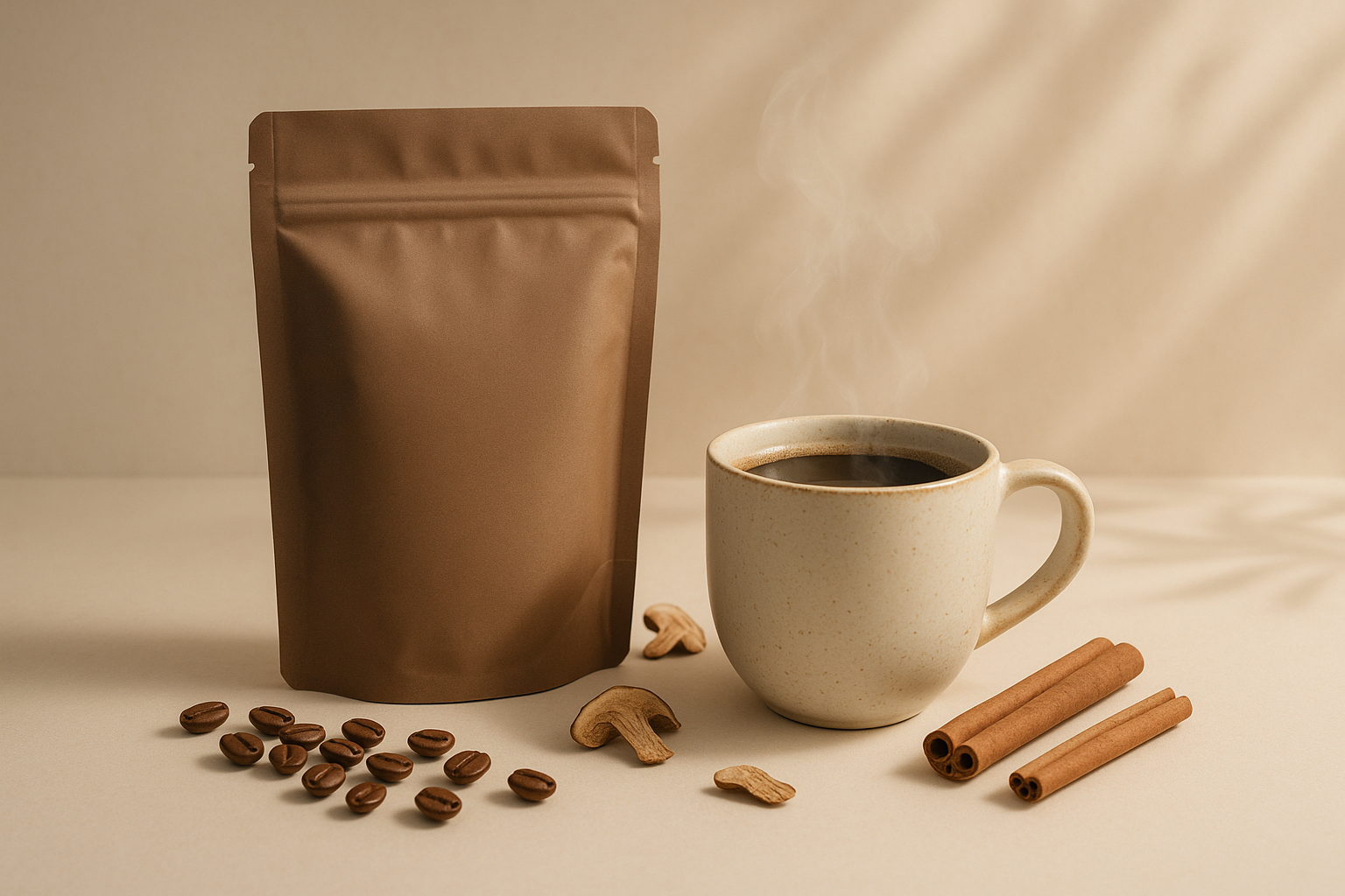 A clean and aesthetic promotional image of a premium mushroom coffee product on a neutral-toned background. The coffee is in a sleek pouch or jar, next to a cup filled with steaming mushroom coffee. Decorated with coffee beans, cinnamon sticks, and cozy morning light. Minimalist but appealing to wellness-focused USA customers. No text, no logo, high-resolution, desktop and mobile friendly.”