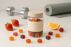 A clean flat-lay of a jar of creatine gummies on a matte white counter with a subtle fitness vibe — scattered gummies, fresh fruit like strawberries, and workout props like dumbbells or yoga mat in the background. Styled like top U.S. wellness DTC brands (e.g., Ritual, HUM). Bright lighting, aesthetic packaging focus. No text, no logo.
