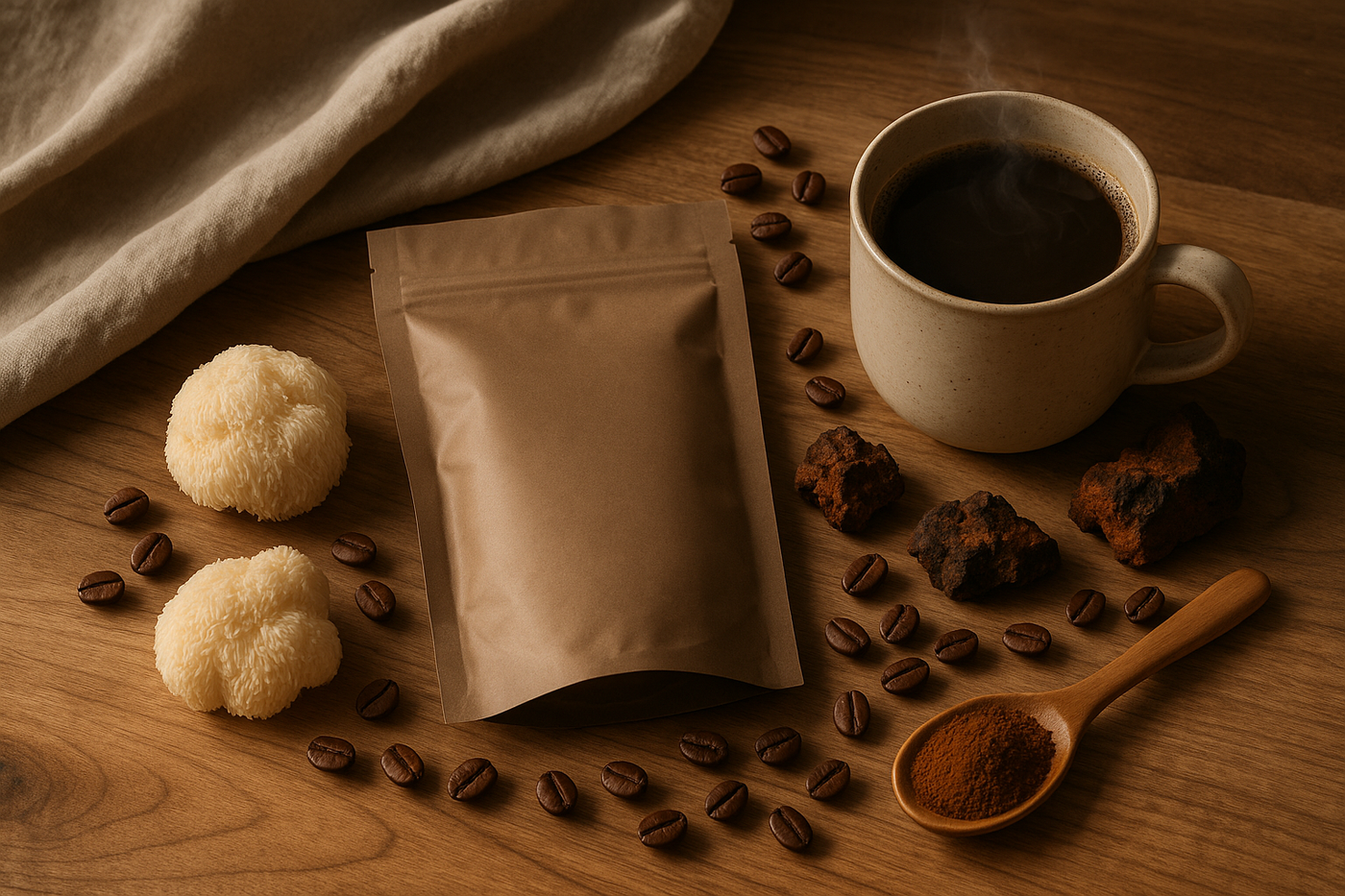 A flat lay lifestyle photo showcasing a premium mushroom coffee pack placed next to a steaming ceramic cup of coffee. Organic mushrooms (like lion’s mane or chaga), scattered coffee beans, a wooden spoon with powder, and neutral-toned fabric complete the cozy, wellness-inspired scene. Natural wood surface and soft morning light from the side. Earthy, minimalist aesthetic. No logo or text.
