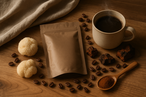 A flat lay lifestyle photo showcasing a premium mushroom coffee pack placed next to a steaming ceramic cup of coffee. Organic mushrooms (like lion’s mane or chaga), scattered coffee beans, a wooden spoon with powder, and neutral-toned fabric complete the cozy, wellness-inspired scene. Natural wood surface and soft morning light from the side. Earthy, minimalist aesthetic. No logo or text.
