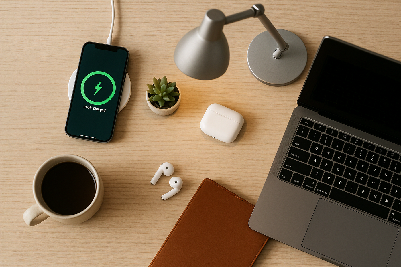 A modern flat-lay of a magnetic MagSafe charger setup on a white or walnut wood desk with a MacBook, iPhone, and stylish accessories like a smart lamp or AirPods. The workspace is cozy and minimal — ideal for remote workers or students in the U.S. No people, no text, no logo.