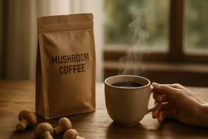 A vertical aesthetic scene of a hand gently holding a cup of steaming mushroom coffee in front of a wooden table. Beside the hand is a neatly standing mushroom coffee pack. Light filters through a nearby window, softly illuminating the pack, cup, and some scattered mushrooms. Background is blurred for depth. Calm, organic wellness vibe. No branding or text.
