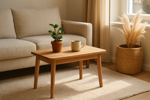 A vertical close-up of a cozy living space in a U.S. home showing a soft, neutral-toned area rug under a small coffee table with minimal boho decor and natural light. Styled for Instagram and mobile lifestyle ads. No people, no text, no logo.