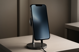 A vertical close-up of an iPhone mounted on a sleek MagSafe charger on a modern nightstand or office desk. Minimalist U.S. tech vibe with soft lighting and clean surfaces. No text or logo.