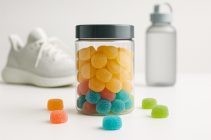 A vertical shot of creatine gummy jar standing beside scattered colorful gummies, with fitness elements (sneakers or water bottle) slightly blurred in the background. Bright and clean, tailored to Gen Z and Millennial wellness shoppers in the U.S. No text or logo.